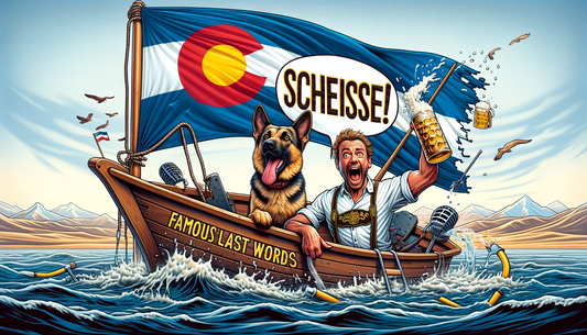 A man and a dog is a boat holding a beer stein