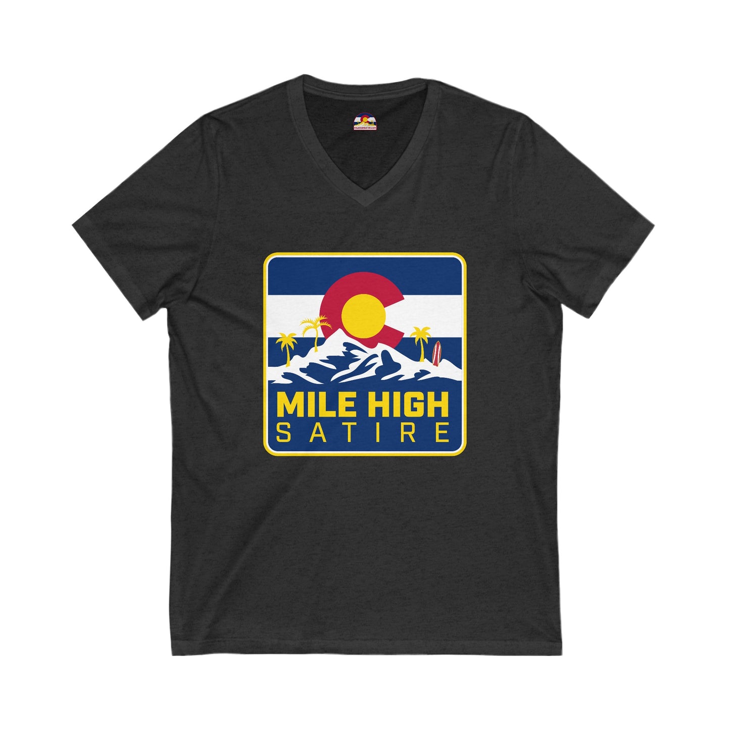 Mile High Satire T-Shirt - Blue Square Logo V-Neck