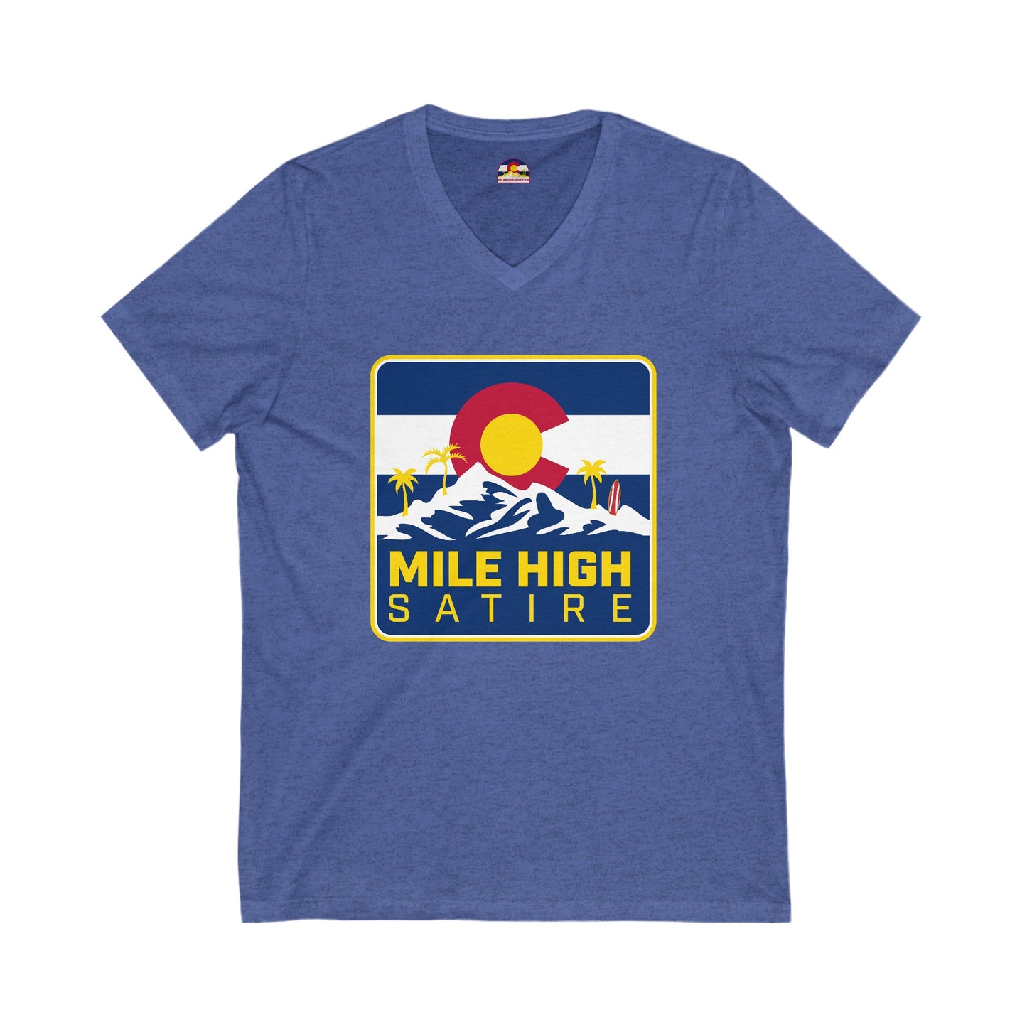 Mile High Satire T-Shirt - Blue Square Logo V-Neck