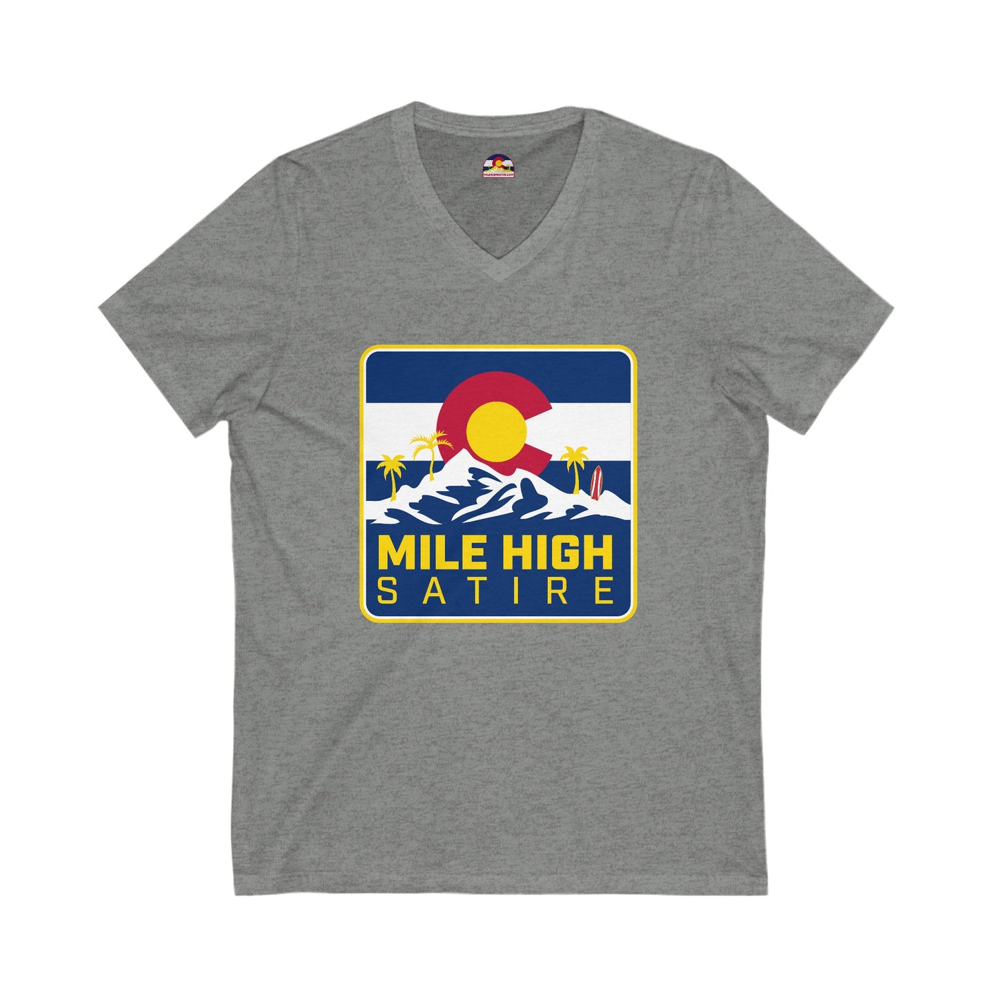 Mile High Satire T-Shirt - Blue Square Logo V-Neck