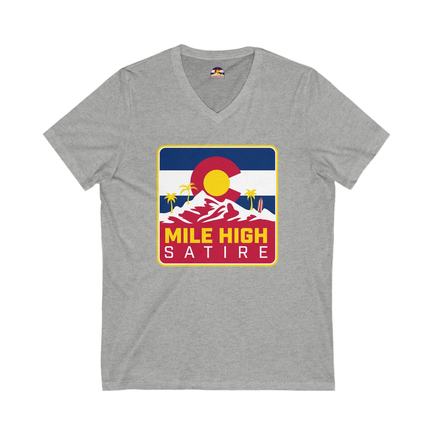 Mile High Satire T-Shirt - Red Square Logo V-Neck