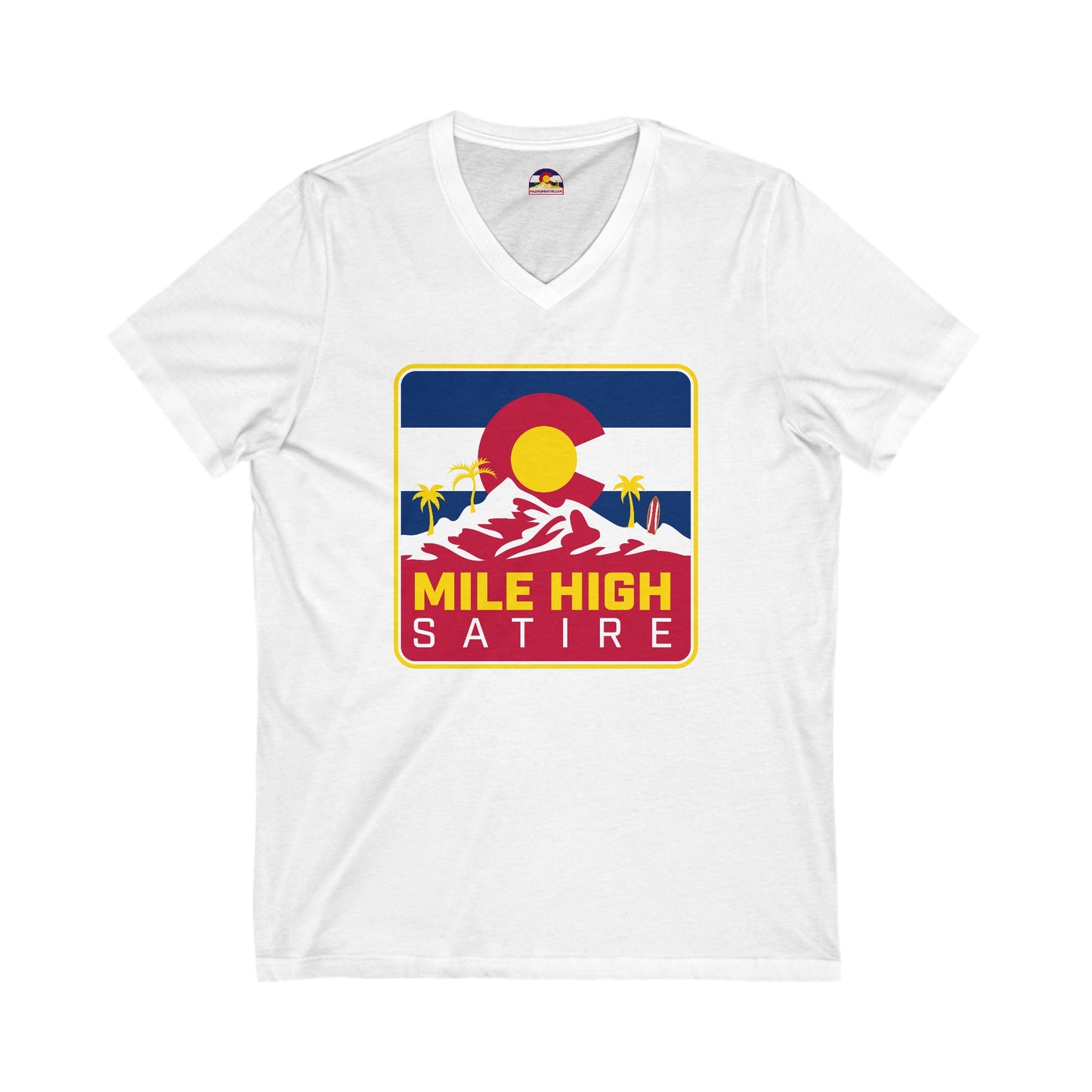 Mile High Satire T-Shirt - Red Square Logo V-Neck
