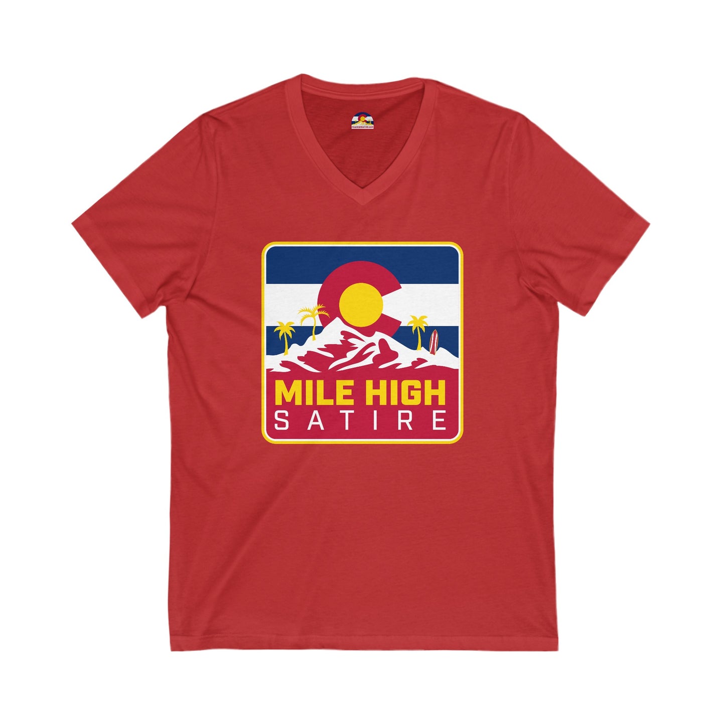 Mile High Satire T-Shirt - Red Square Logo V-Neck