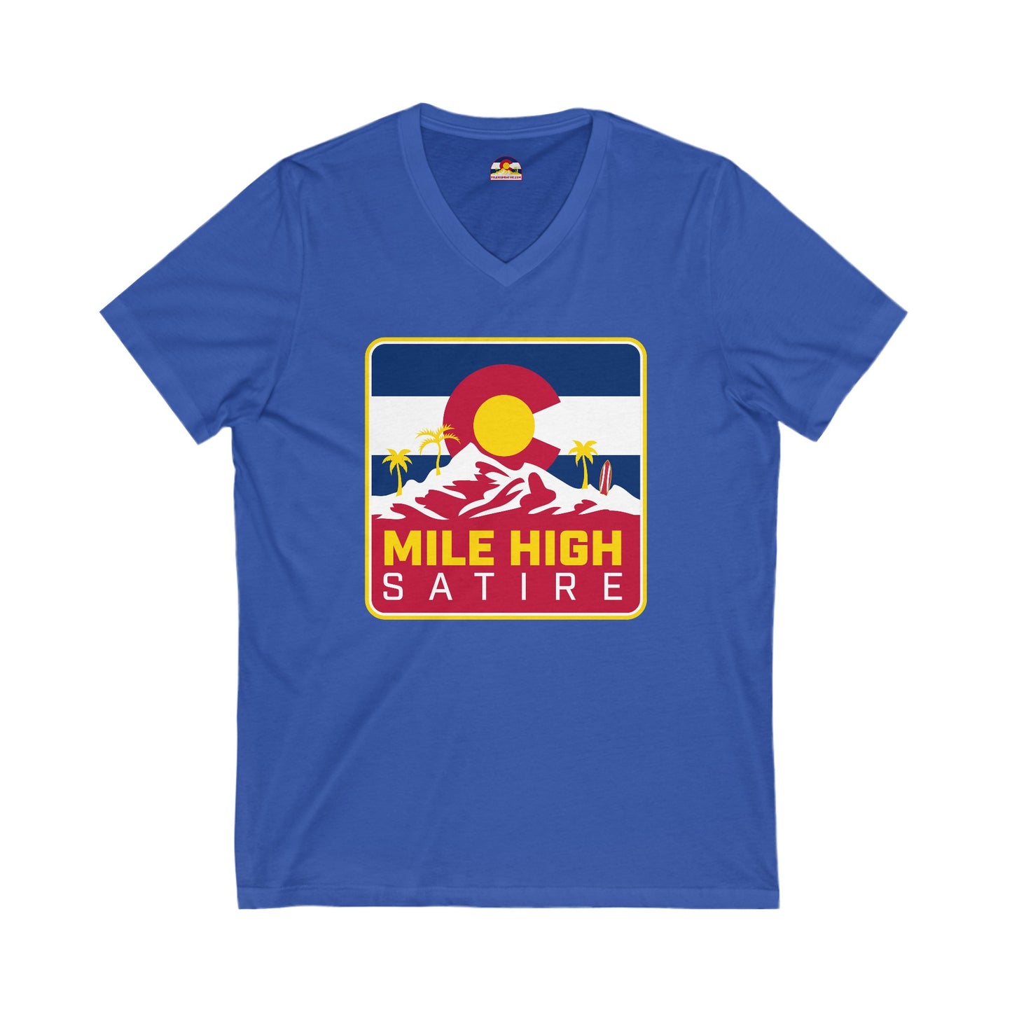 Mile High Satire T-Shirt - Red Square Logo V-Neck