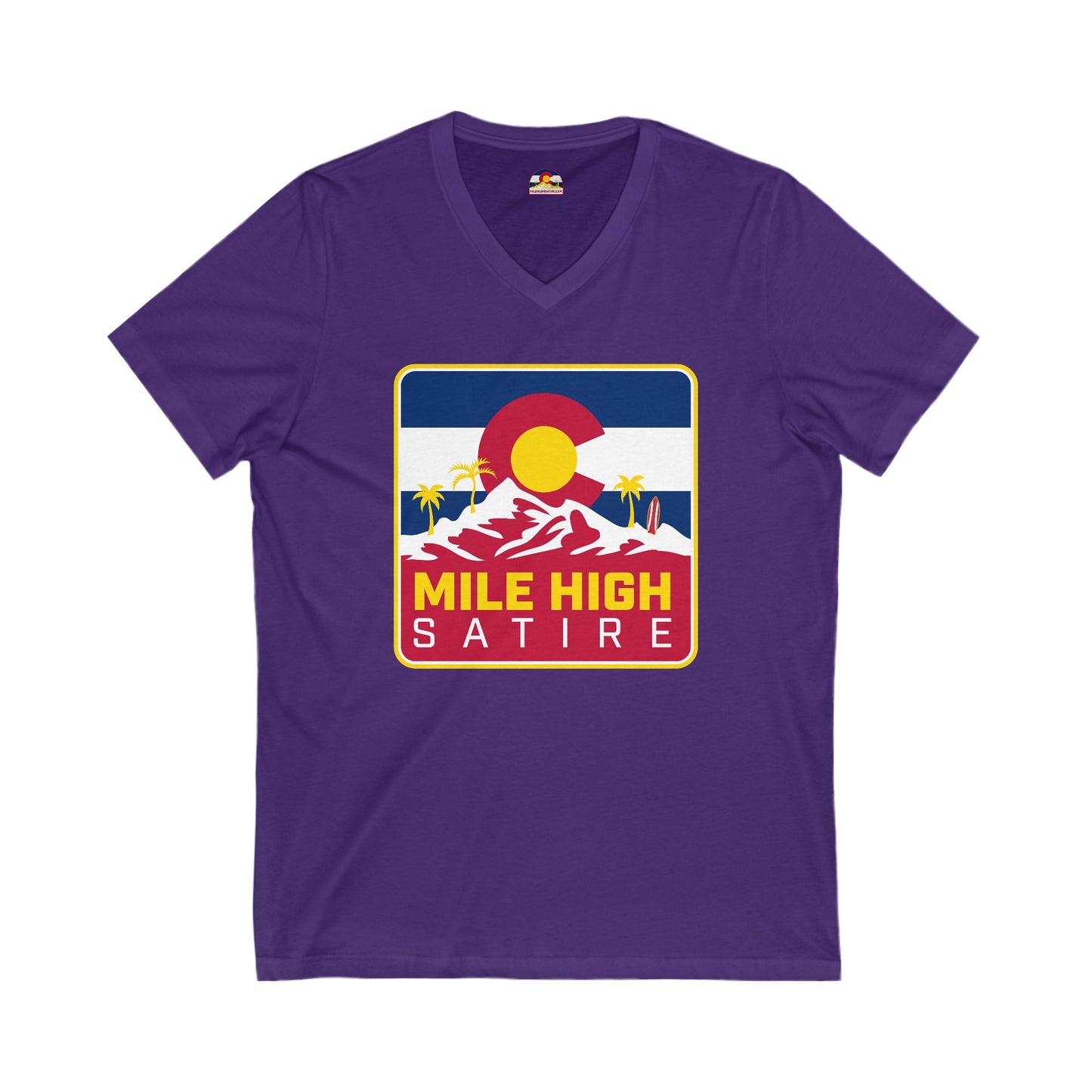 Mile High Satire T-Shirt - Red Square Logo V-Neck