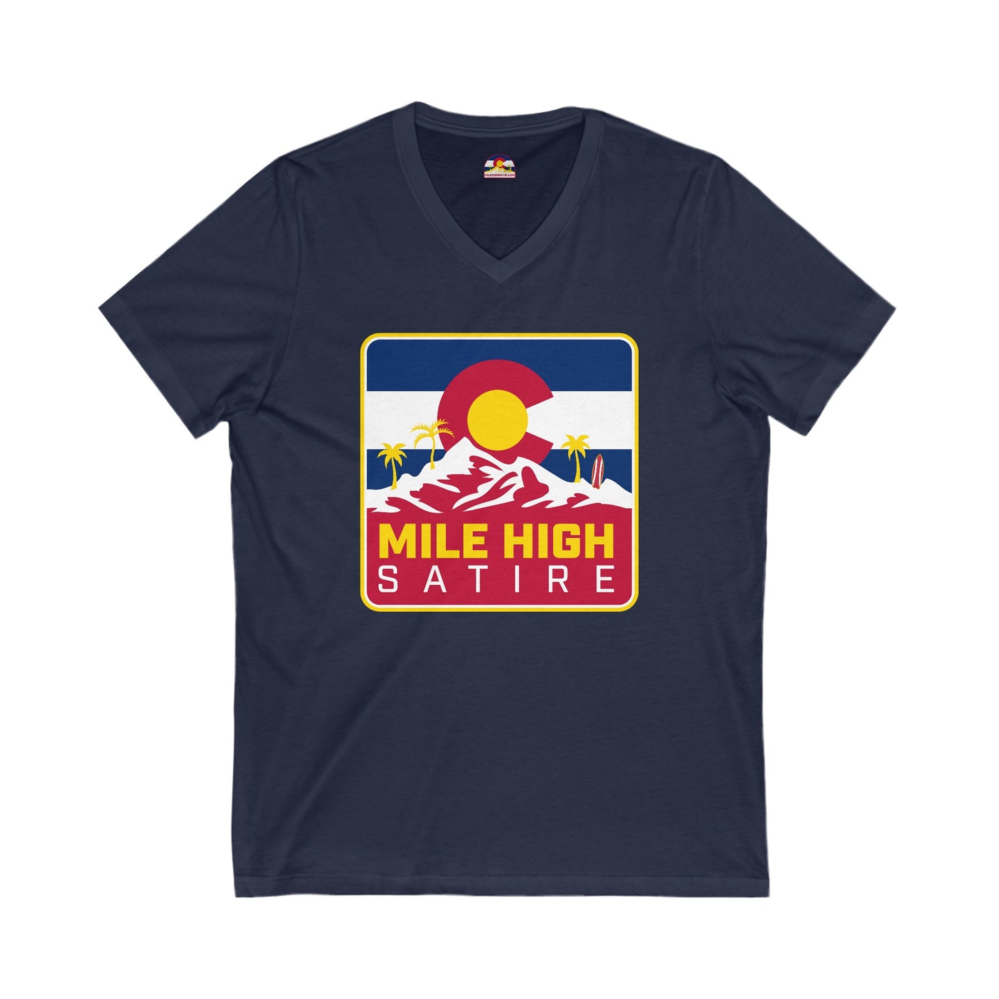 Mile High Satire T-Shirt - Red Square Logo V-Neck