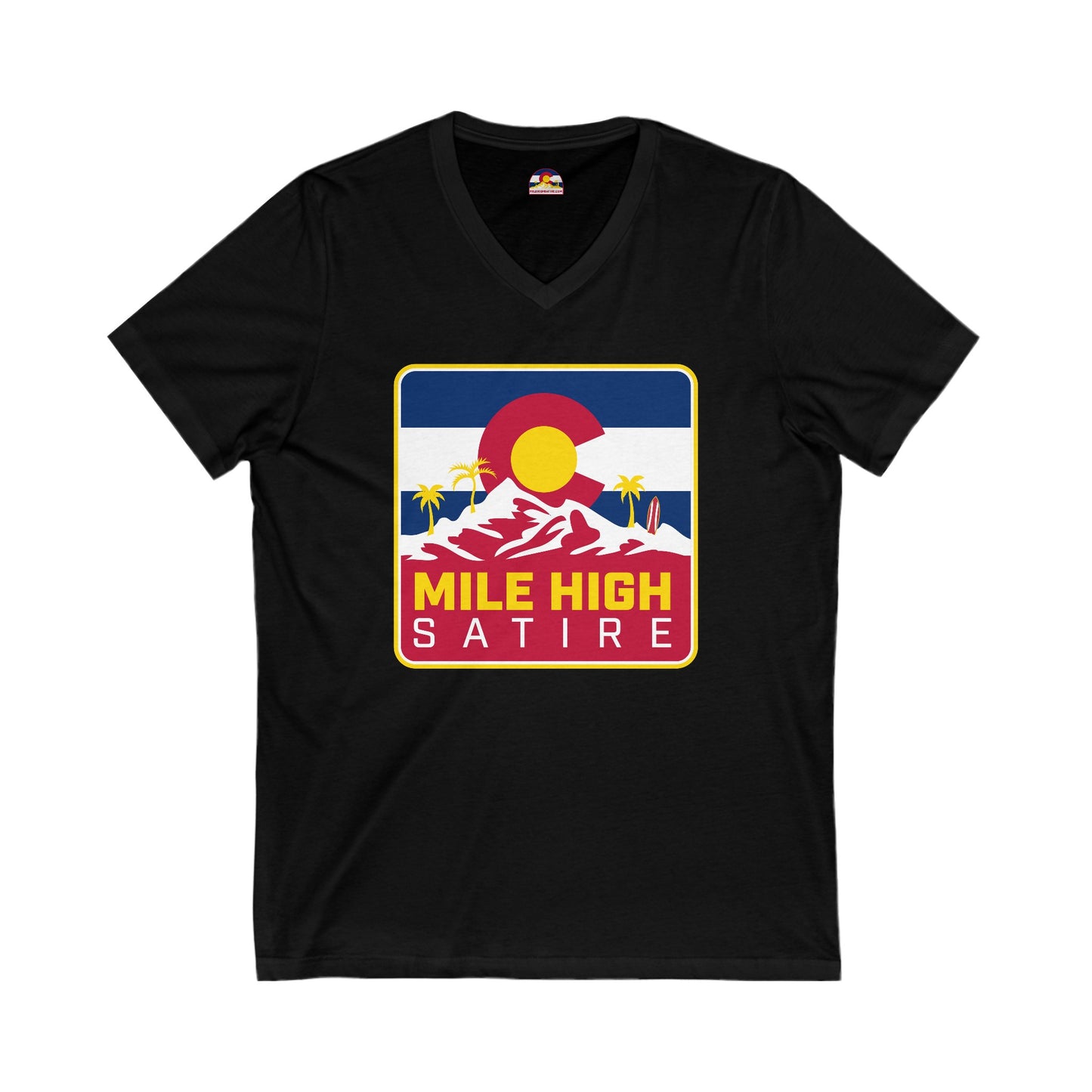 Mile High Satire T-Shirt - Red Square Logo V-Neck