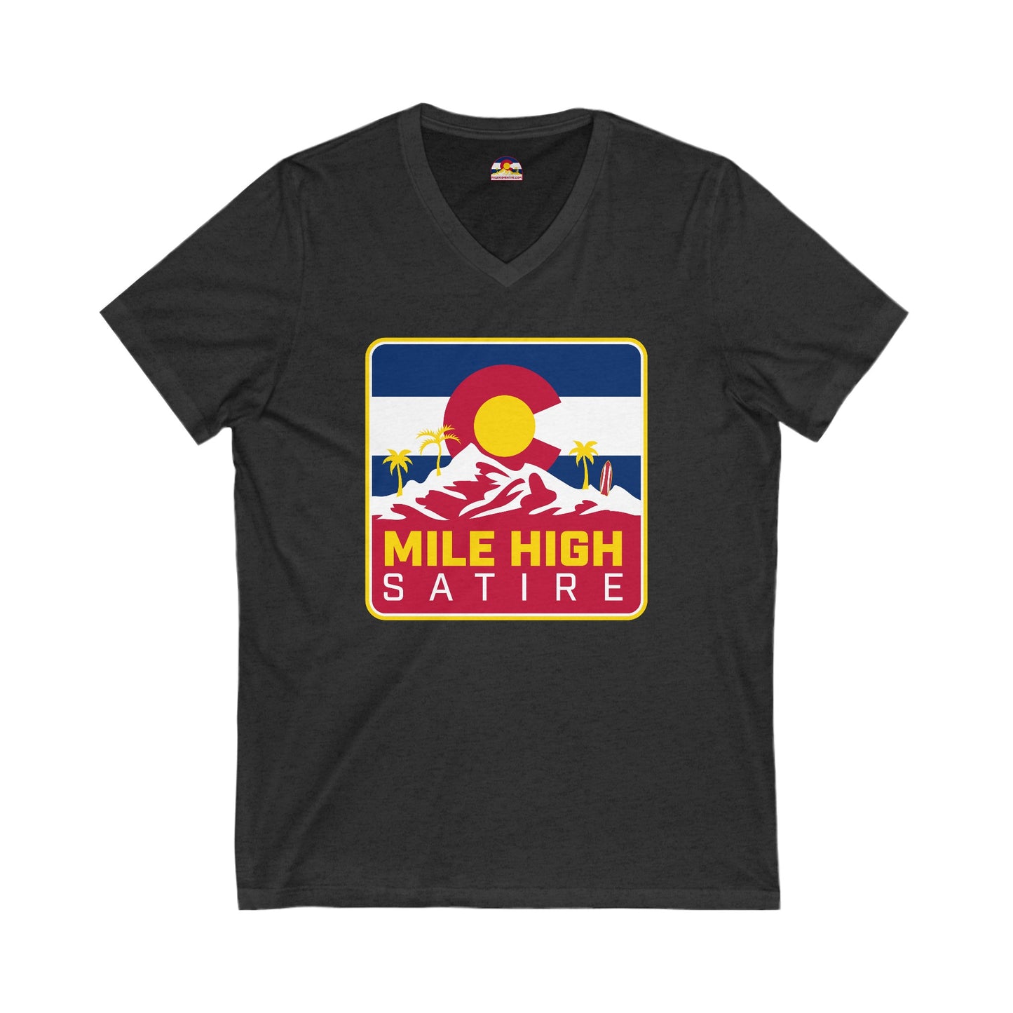 Mile High Satire T-Shirt - Red Square Logo V-Neck