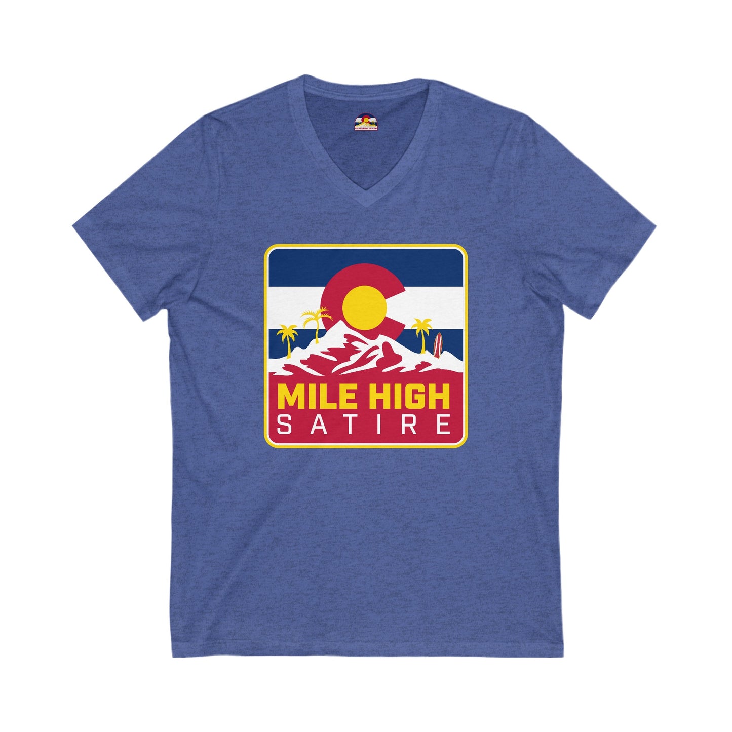 Mile High Satire T-Shirt - Red Square Logo V-Neck