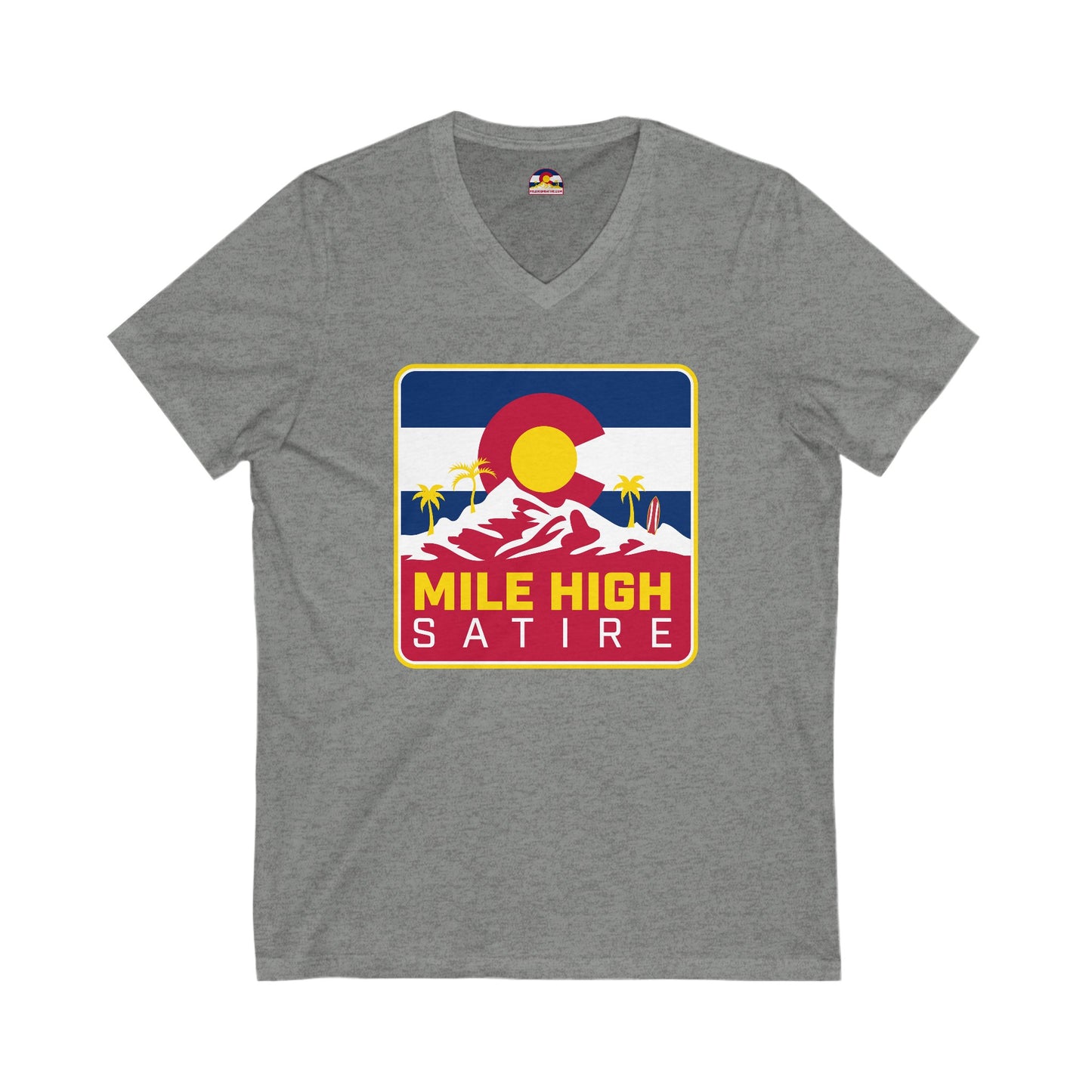 Mile High Satire T-Shirt - Red Square Logo V-Neck