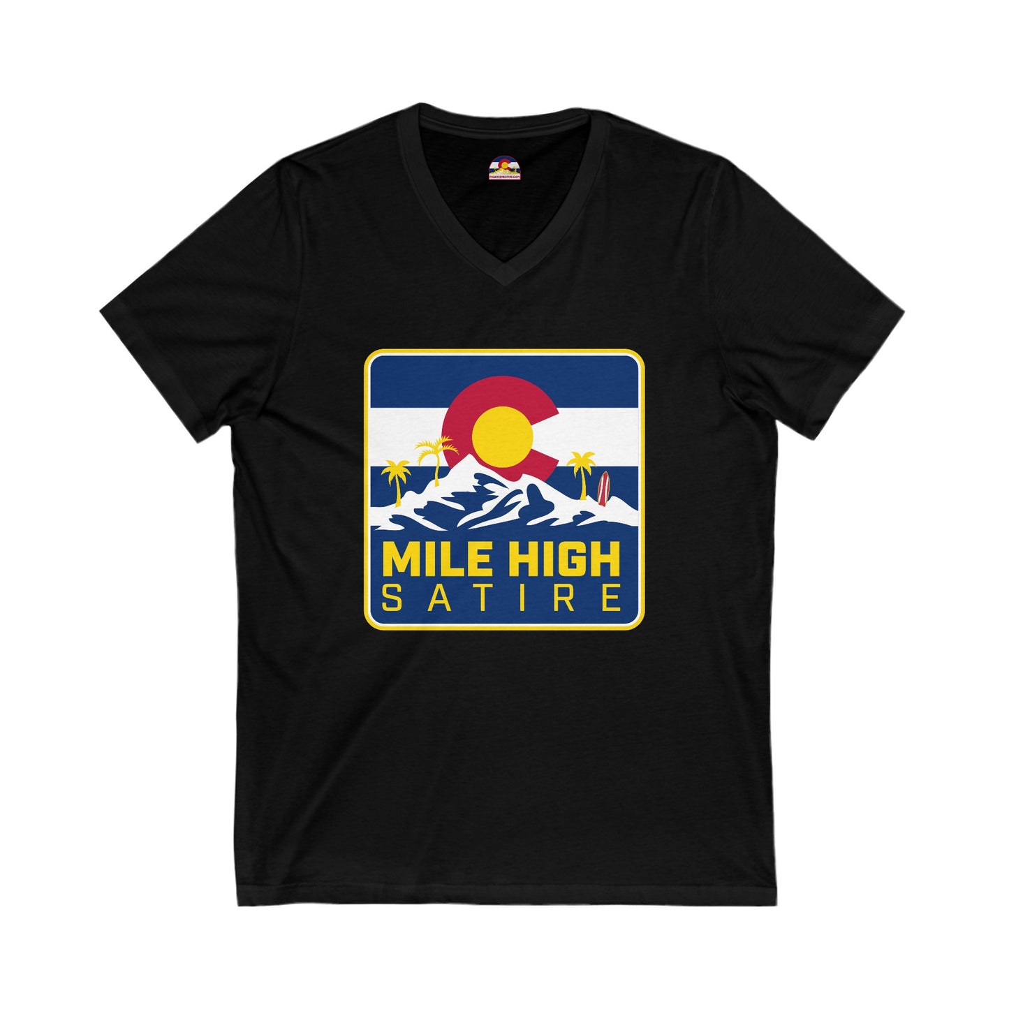 Mile High Satire T-Shirt - Blue Square Logo V-Neck