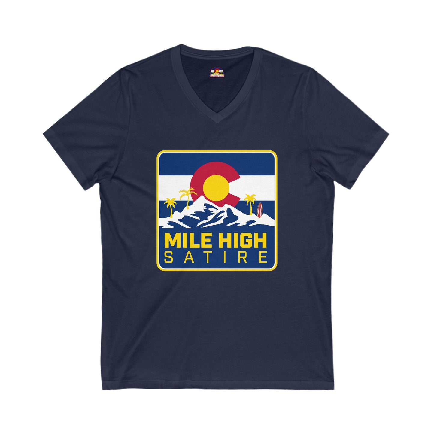 Mile High Satire T-Shirt - Blue Square Logo V-Neck