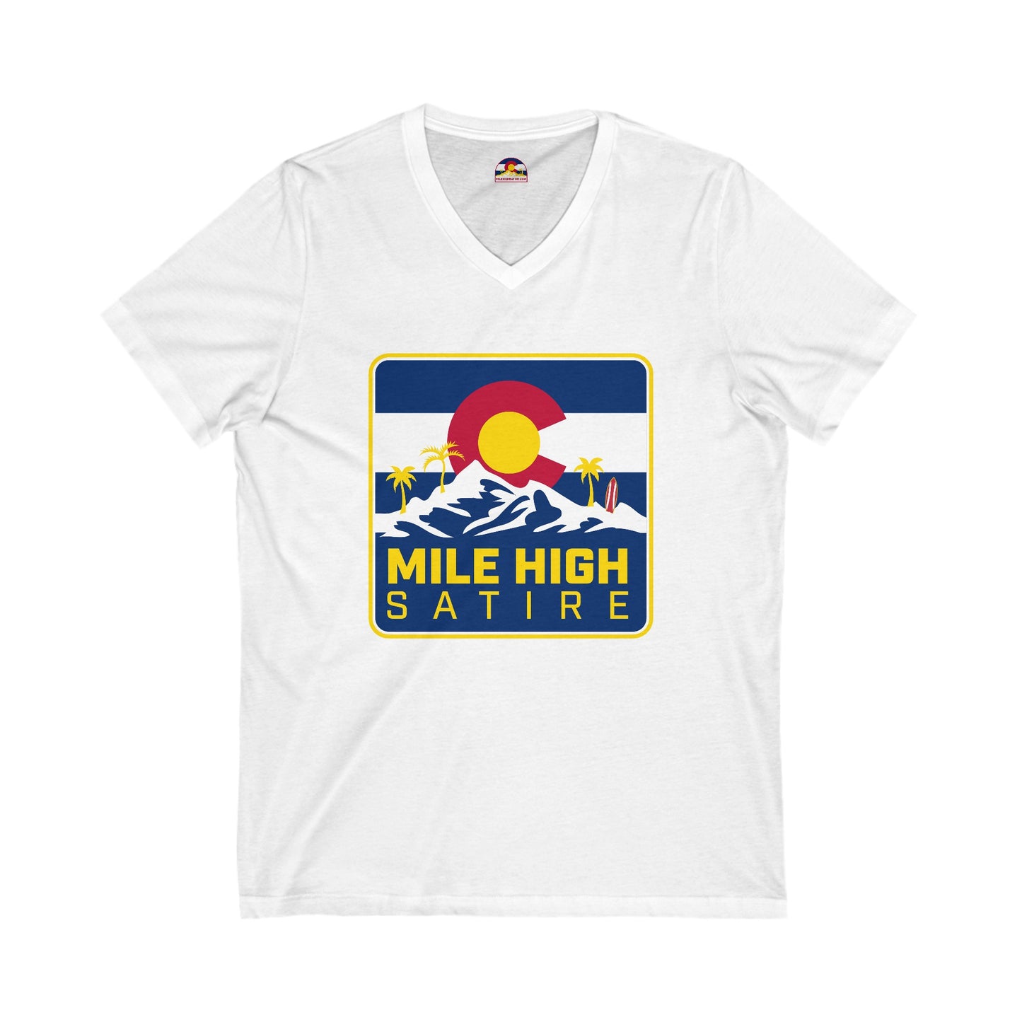 Mile High Satire T-Shirt - Blue Square Logo V-Neck
