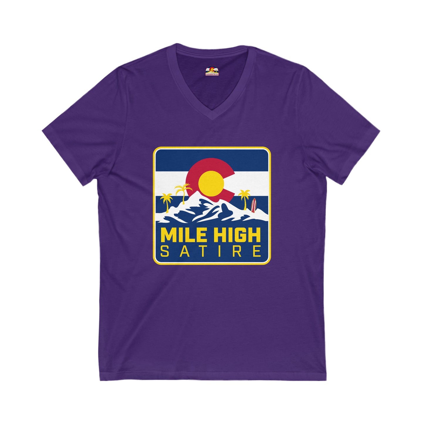 Mile High Satire T-Shirt - Blue Square Logo V-Neck