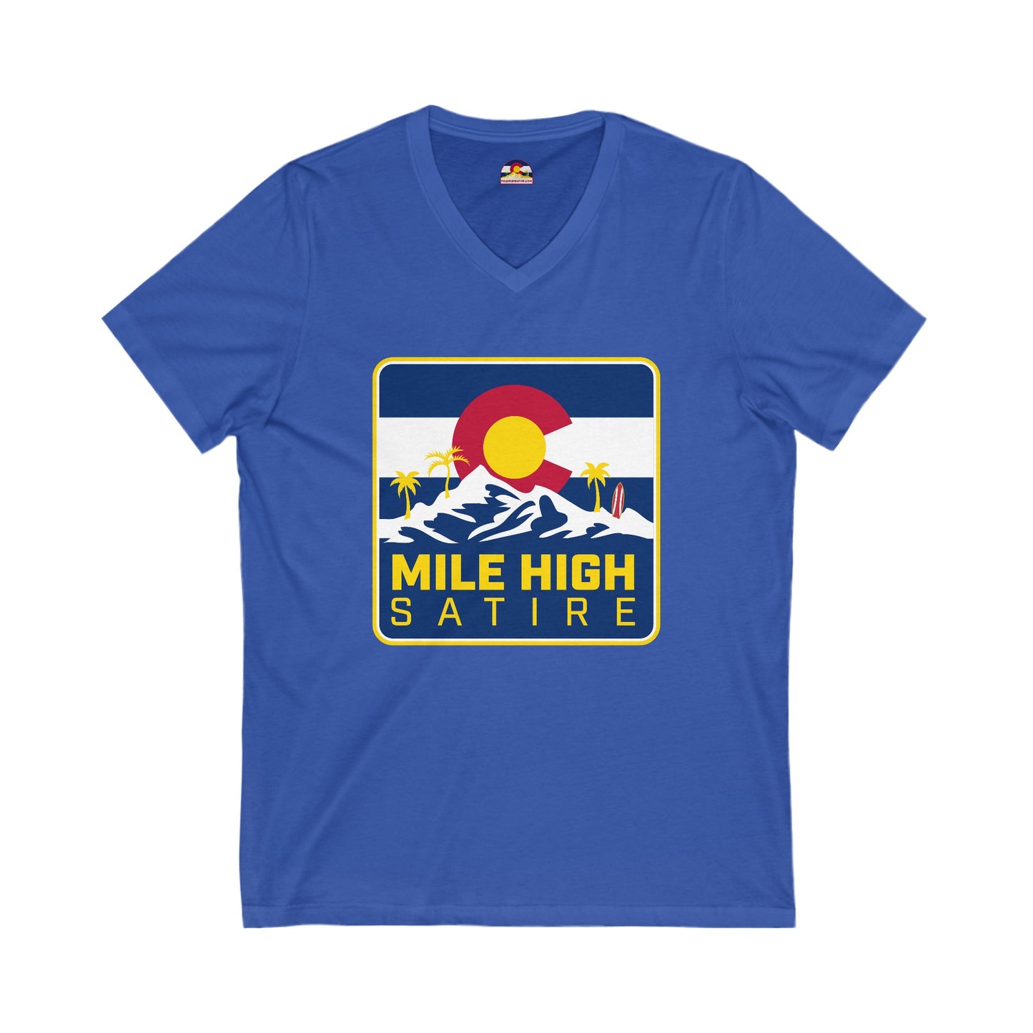 Mile High Satire T-Shirt - Blue Square Logo V-Neck