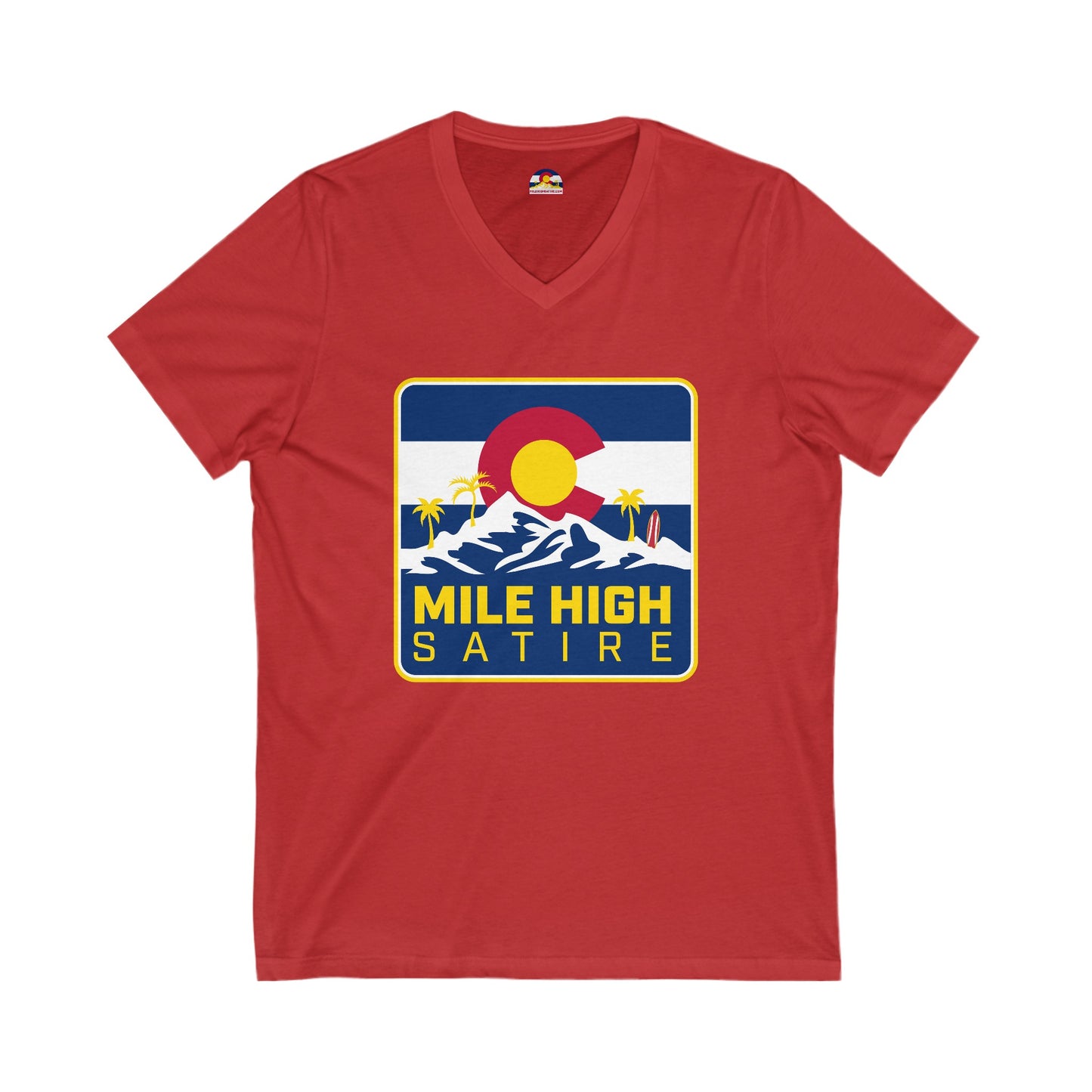 Mile High Satire T-Shirt - Blue Square Logo V-Neck