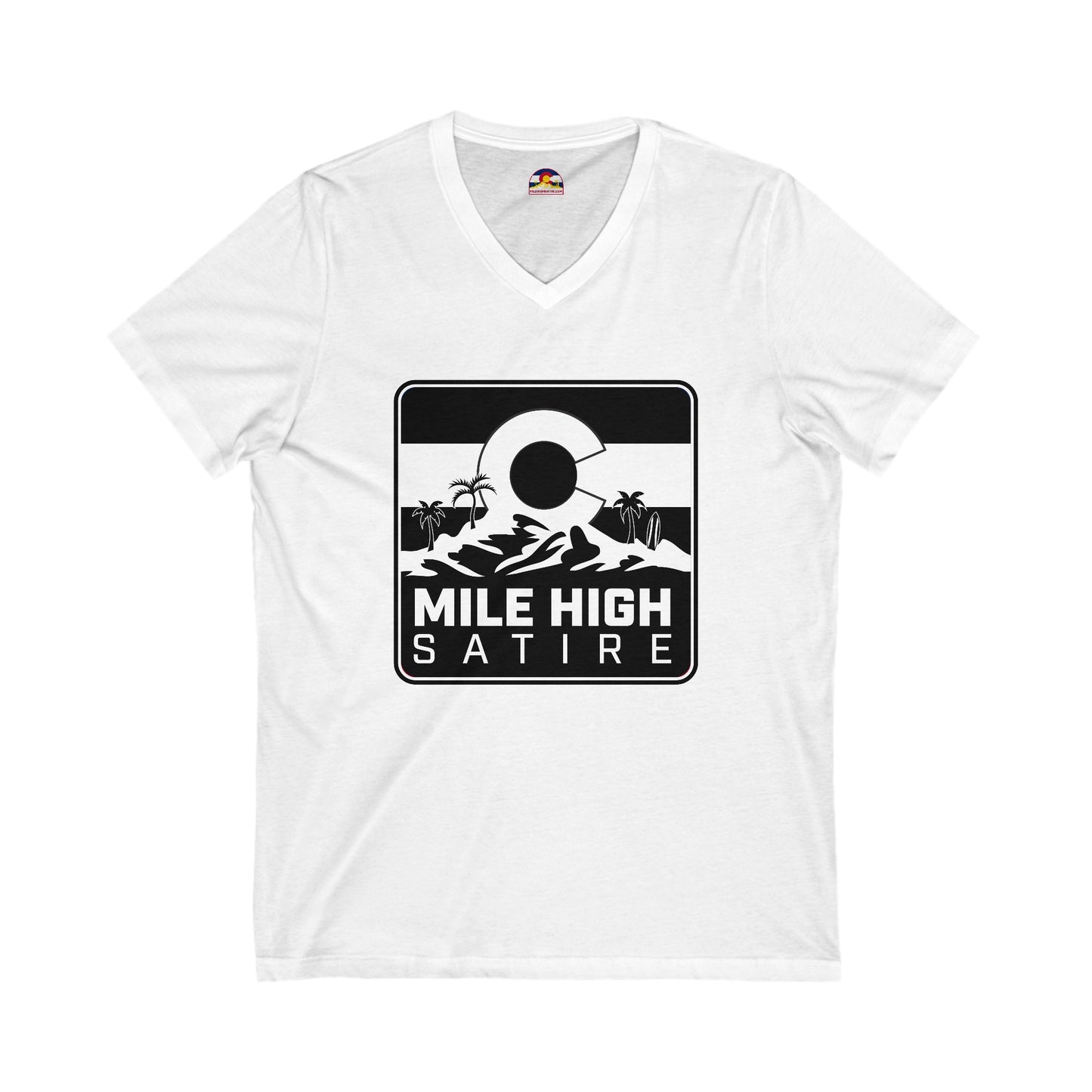 Mile High Satire T-Shirt - B&W Square Logo V-Neck