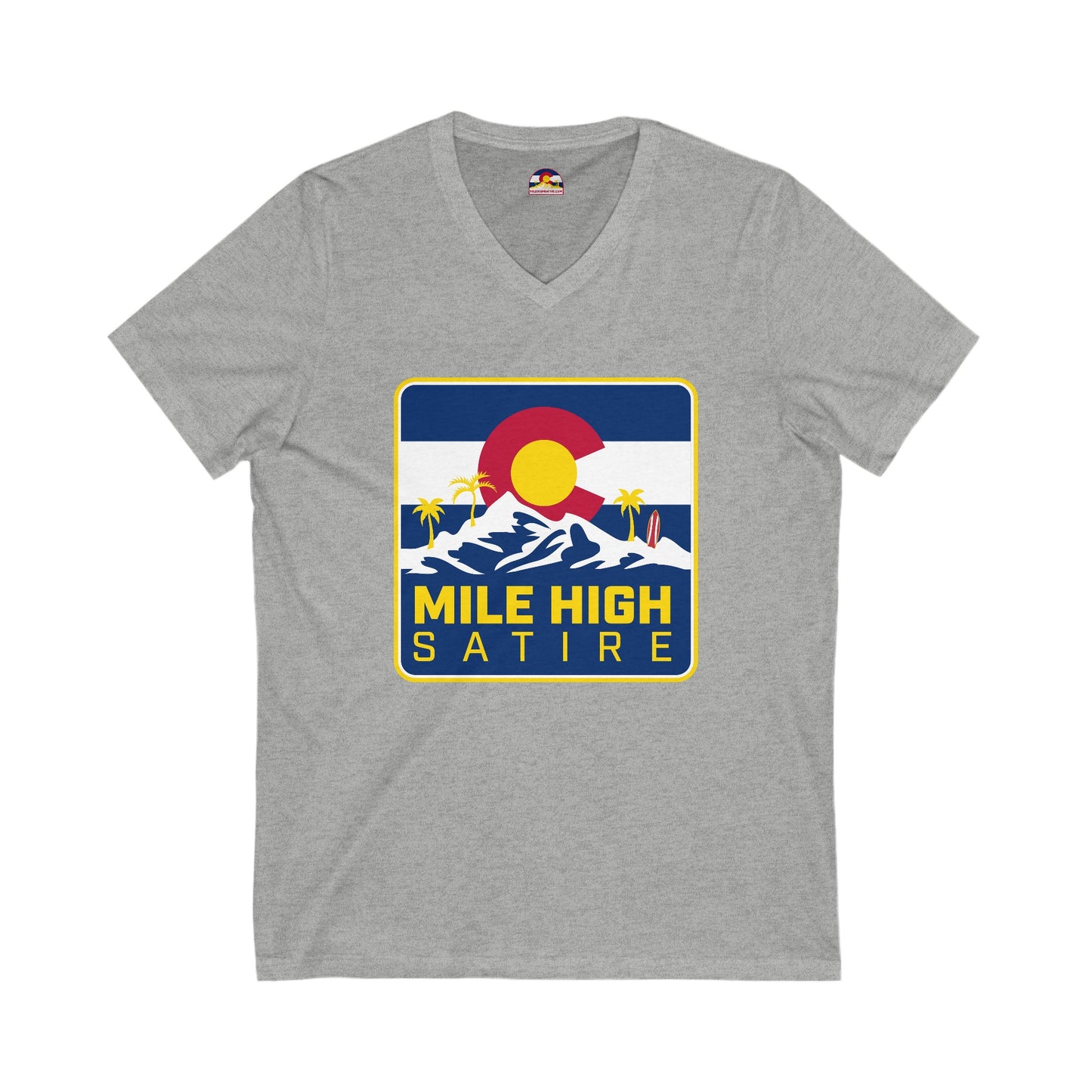 Mile High Satire T-Shirt - Blue Square Logo V-Neck