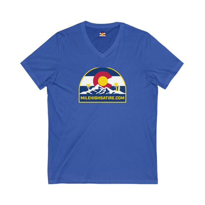 Mile High Satire T-Shirt - Blue Logo  V-Neck