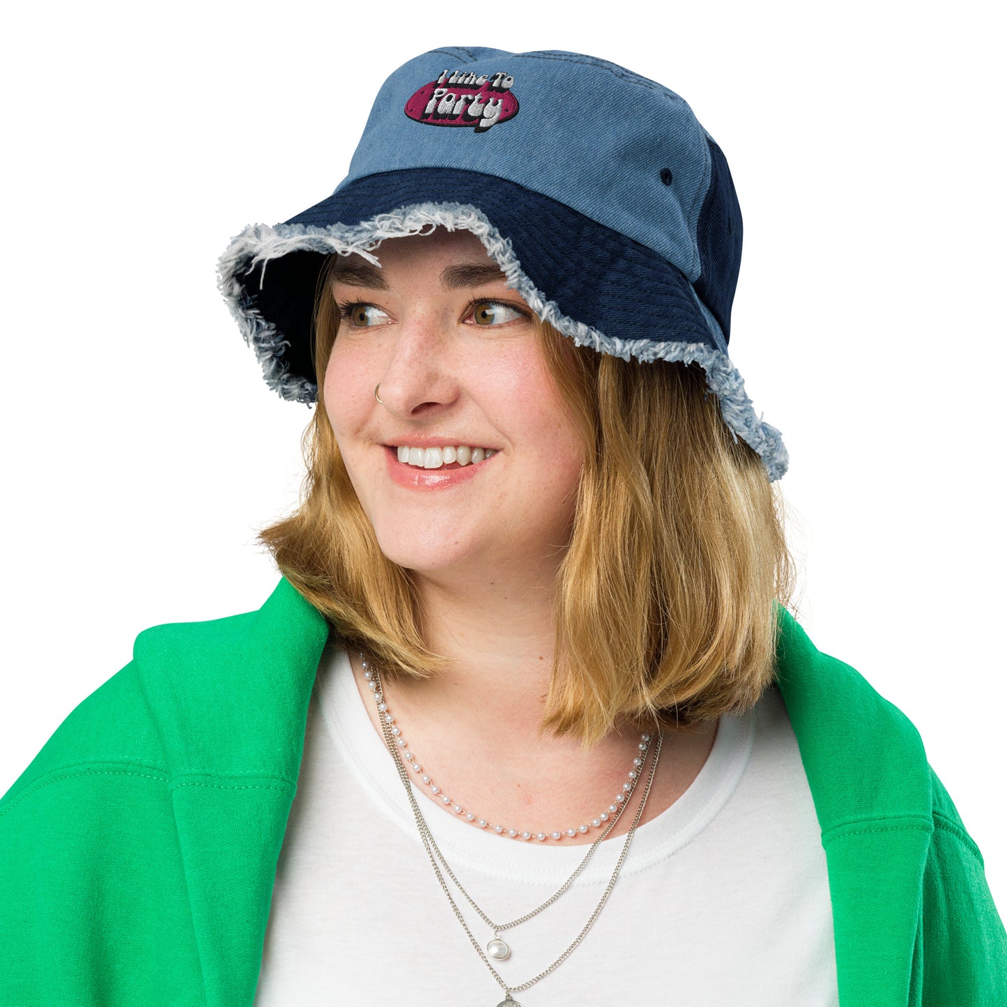 I Like to Party Distressed denim bucket hat embroidered