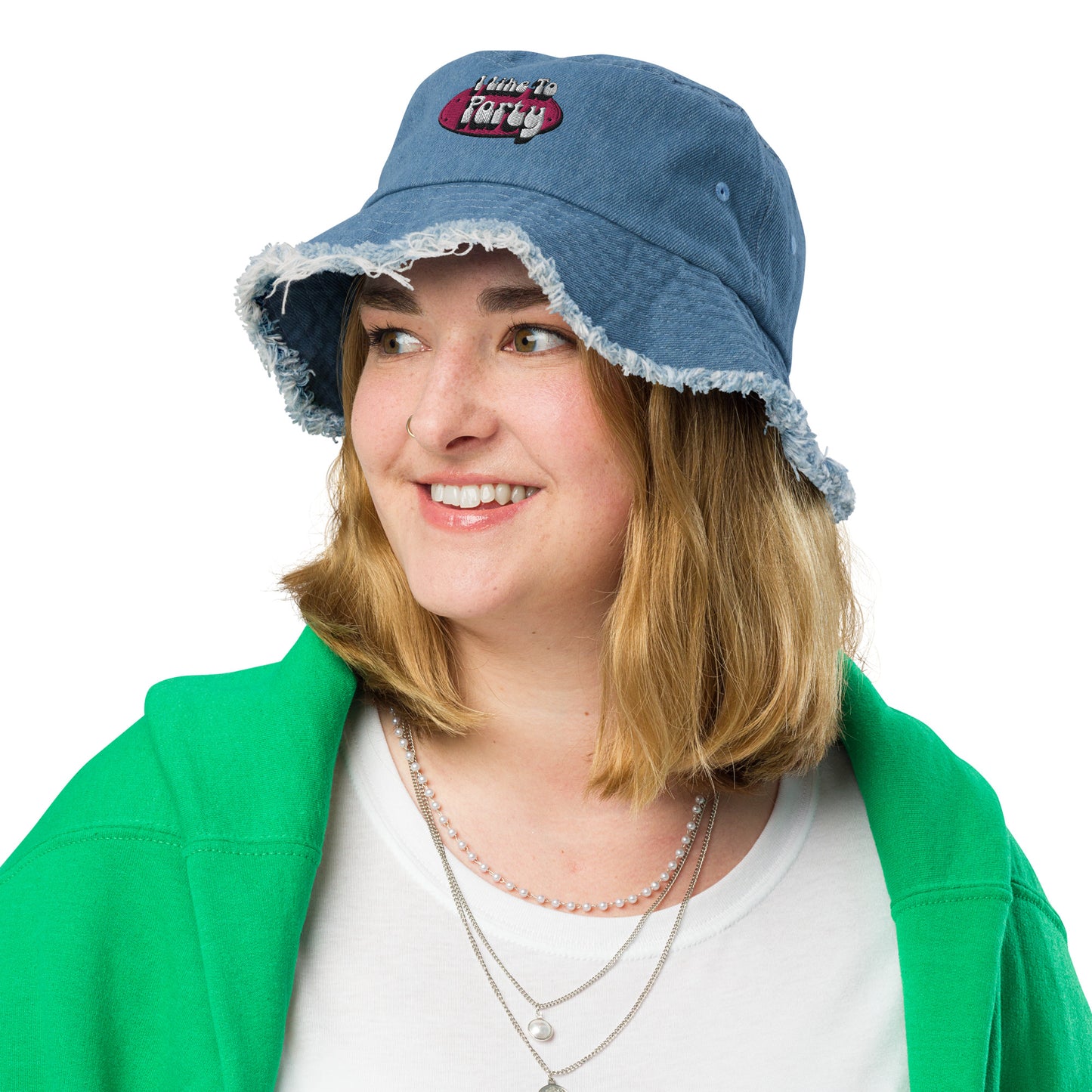 I Like to Party Distressed denim bucket hat embroidered